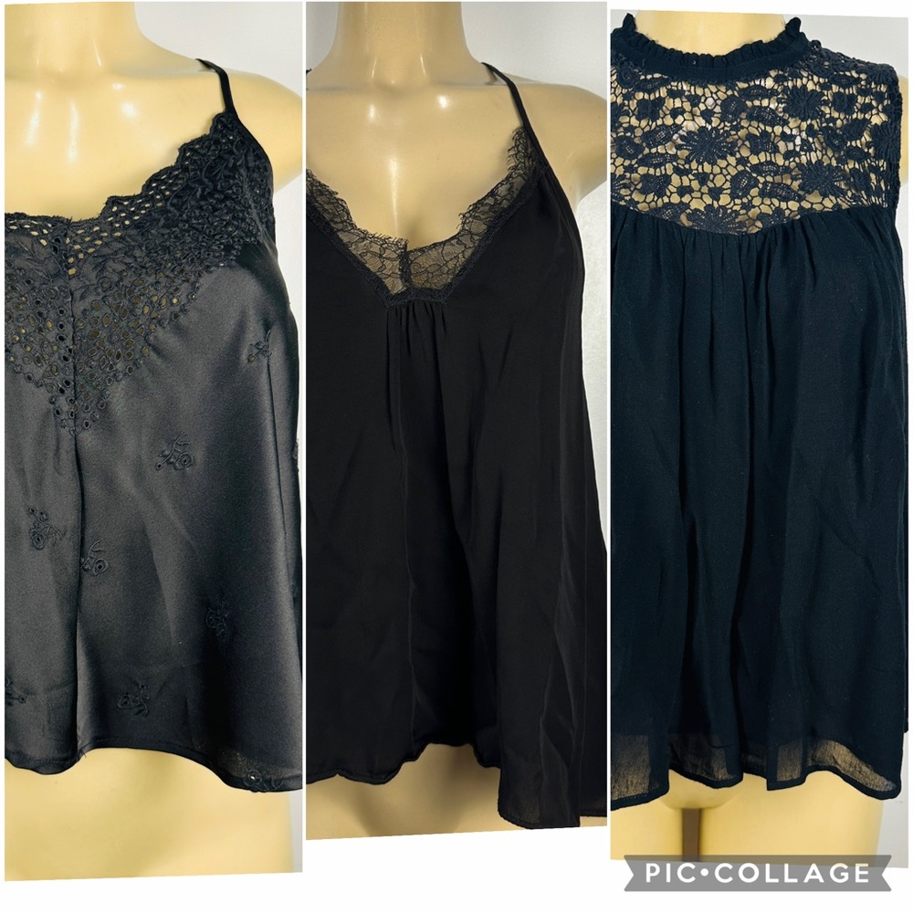 Set 3 Zara Black Tops Sz M Lace Camisole Open Back V-neck Shirt Trafaluc Loose